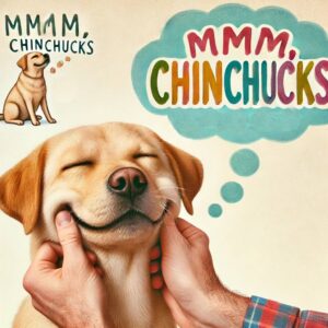 a dog blissfully receiving chin chucks. over his head in a dream bubble reads, 'mmm chinchucks'